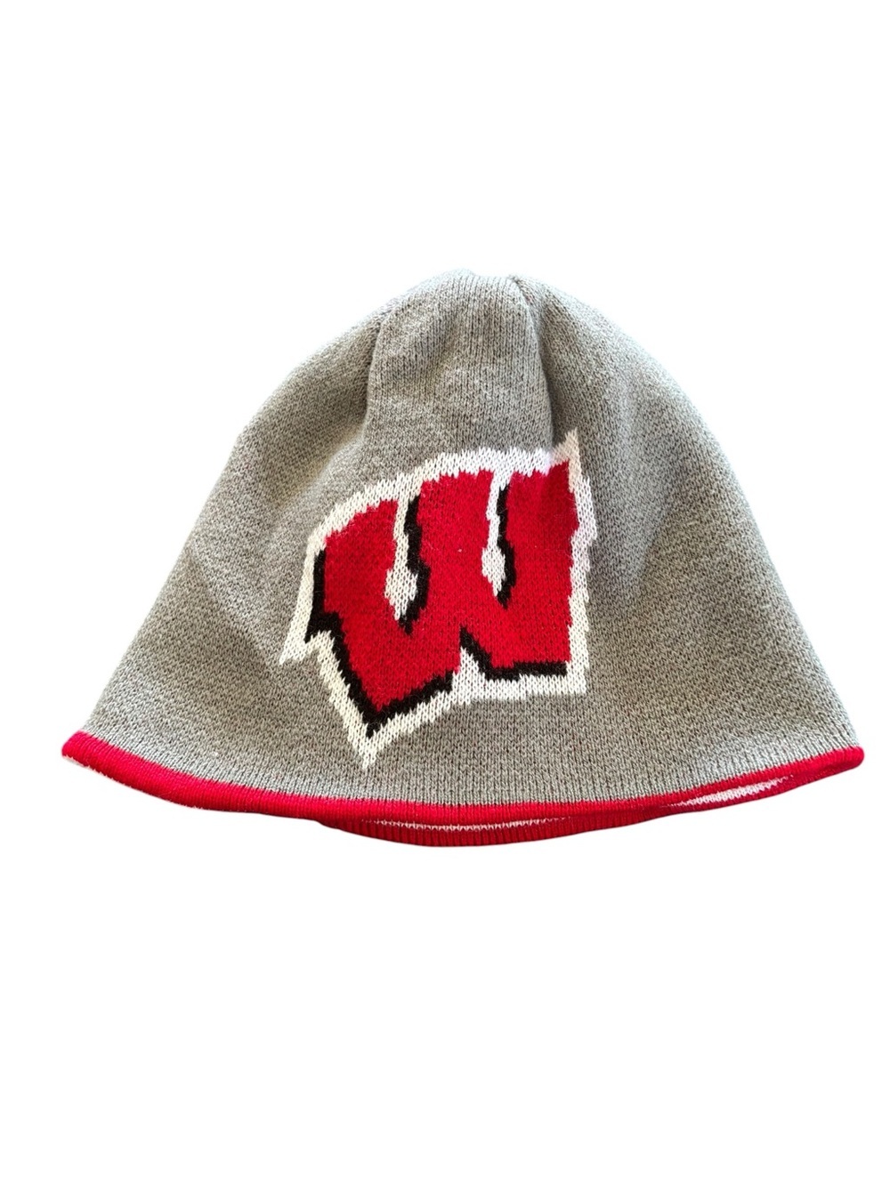 Reversible WI Badgers Beanie Hat Red Gray Striped Big W Badger OS Knit Fan - Picture 2 of 3